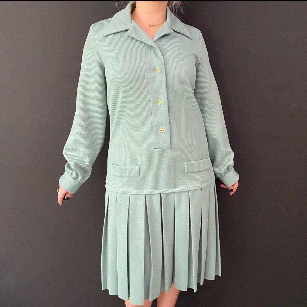 60s Ranelle Fashions Long Sleeve Drop Waist Pleated Dress